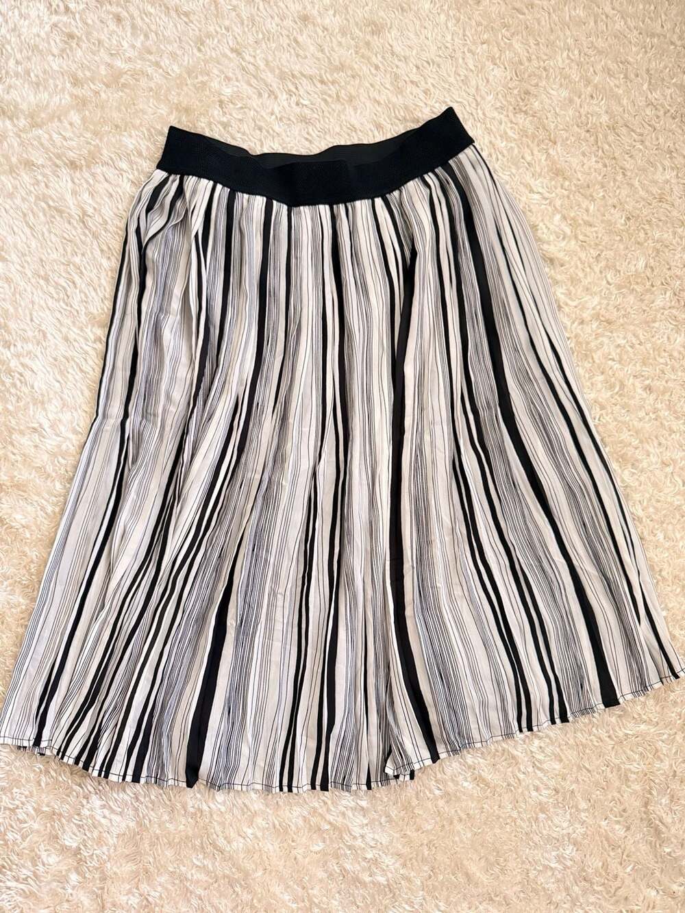 Emaline Black and White Striped Pleated Midi Skirt with Elastic Waist